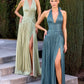 A-Line Halter Sleeveless Pleated Metallic Floor-Length High-Slit Lace-Up Evening Dress