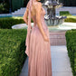 A-Line Halter Sleeveless Pleated Metallic Floor-Length High-Slit Lace-Up Evening Dress