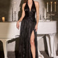 A-Line Halter Sleeveless Pleated Metallic Floor-Length High-Slit Lace-Up Evening Dress