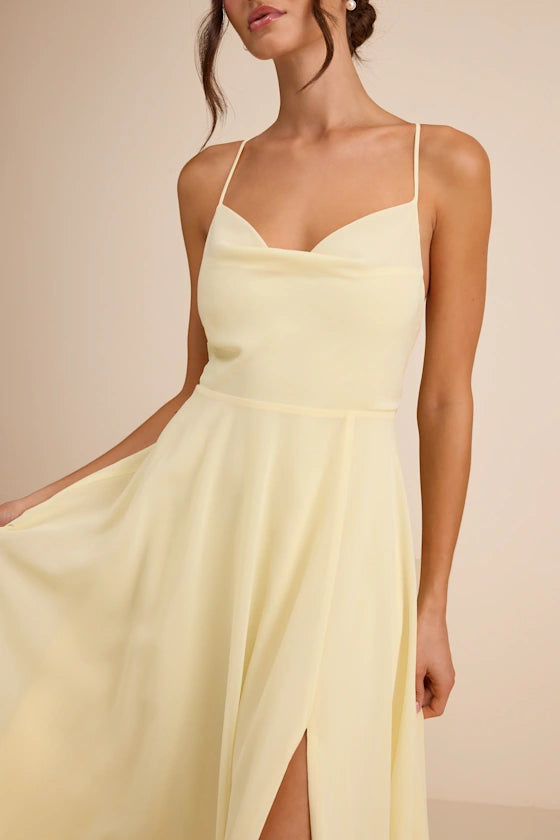 Elegant A-Line Cowl Neck Sleeveless Chiffon Maxi Wedding Guest Dress With Slit