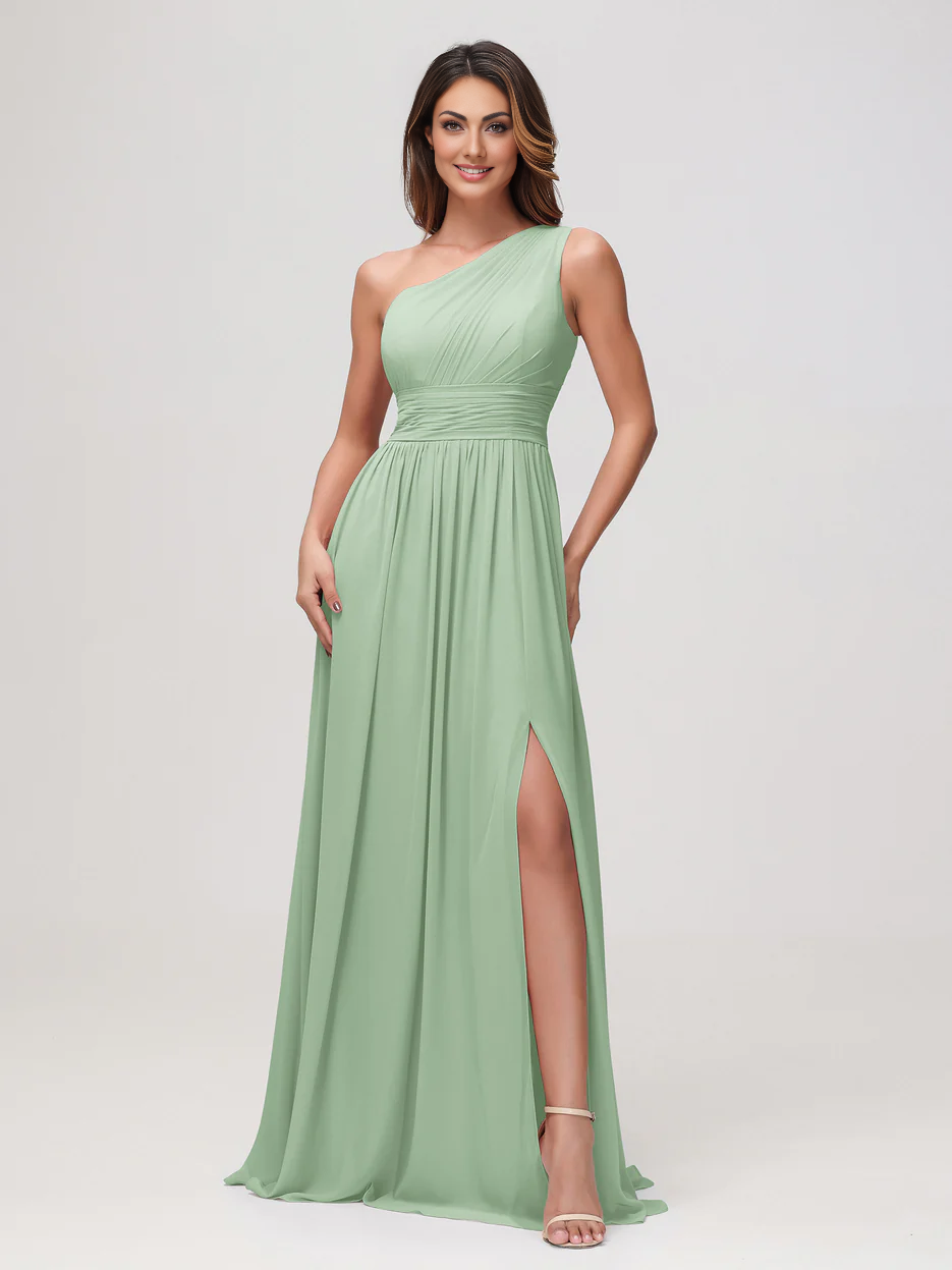Elegant A-Line One Shoulder Sleeveless Chiffon Maxi Bridesmaids Dress With Slit