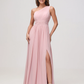 Elegant A-Line One Shoulder Sleeveless Chiffon Maxi Bridesmaids Dress With Slit