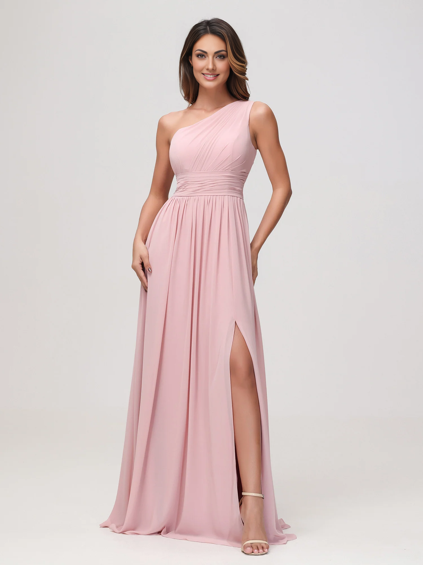 Elegant A-Line One Shoulder Sleeveless Chiffon Maxi Bridesmaids Dress With Slit