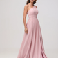 Elegant A-Line One Shoulder Sleeveless Chiffon Maxi Bridesmaids Dress With Slit