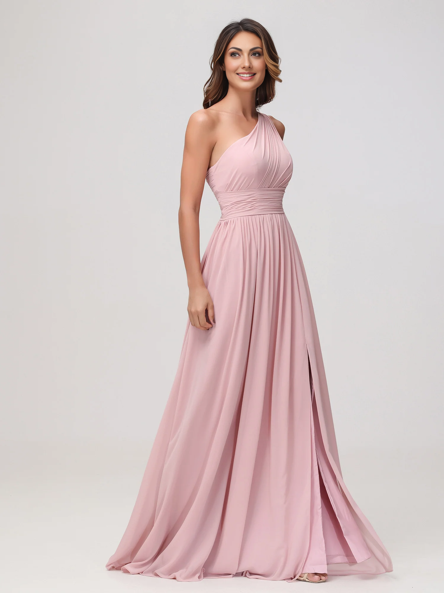 Elegant A-Line One Shoulder Sleeveless Chiffon Maxi Bridesmaids Dress With Slit