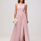 Elegant A-Line One Shoulder Sleeveless Chiffon Maxi Bridesmaids Dress With Slit