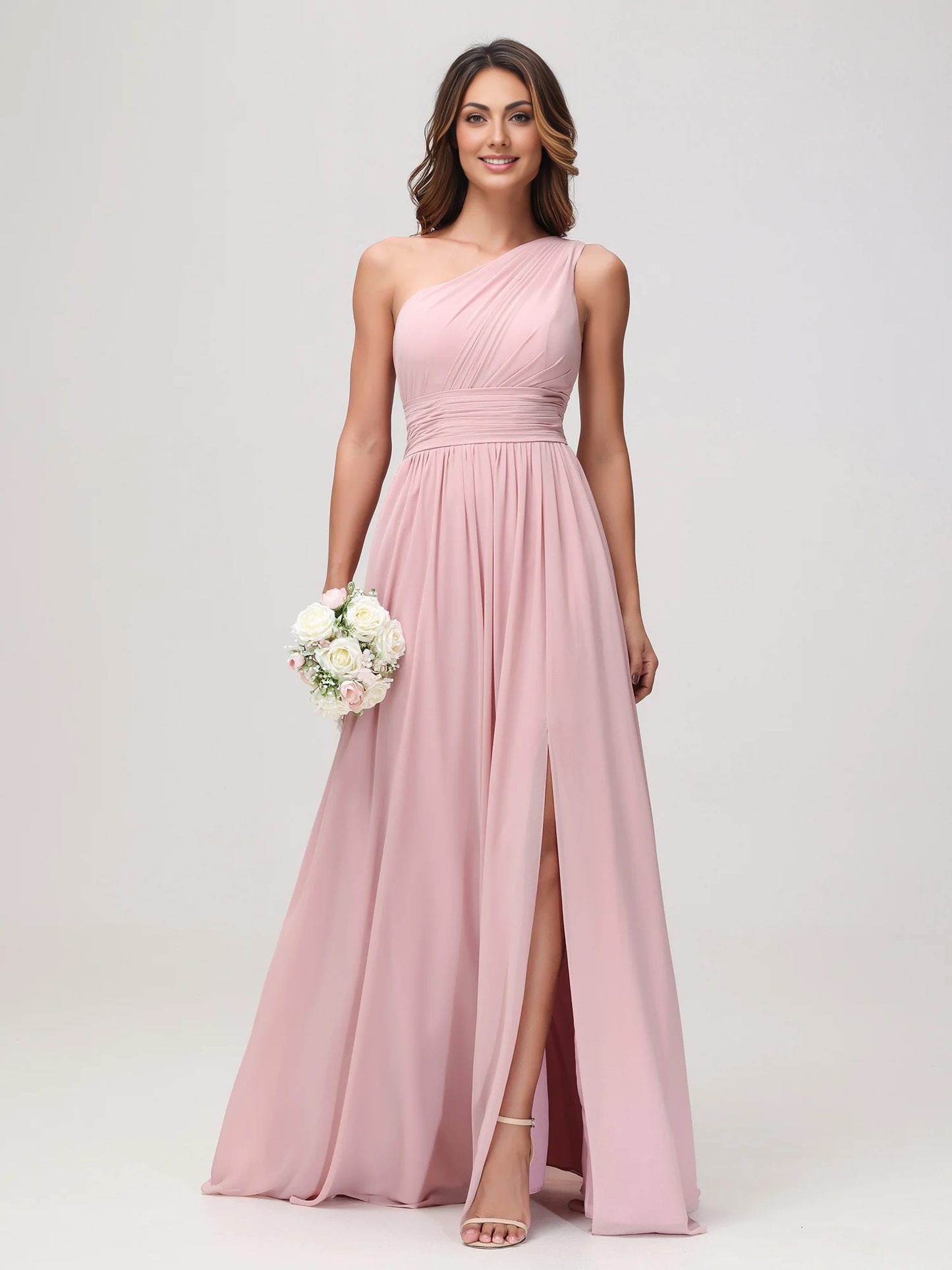 Elegant A-Line One Shoulder Sleeveless Chiffon Maxi Bridesmaids Dress With Slit