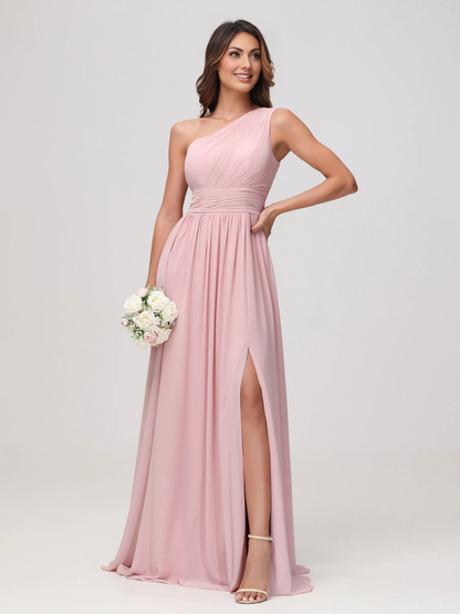 Elegant A-Line One Shoulder Sleeveless Chiffon Maxi Bridesmaids Dress With Slit