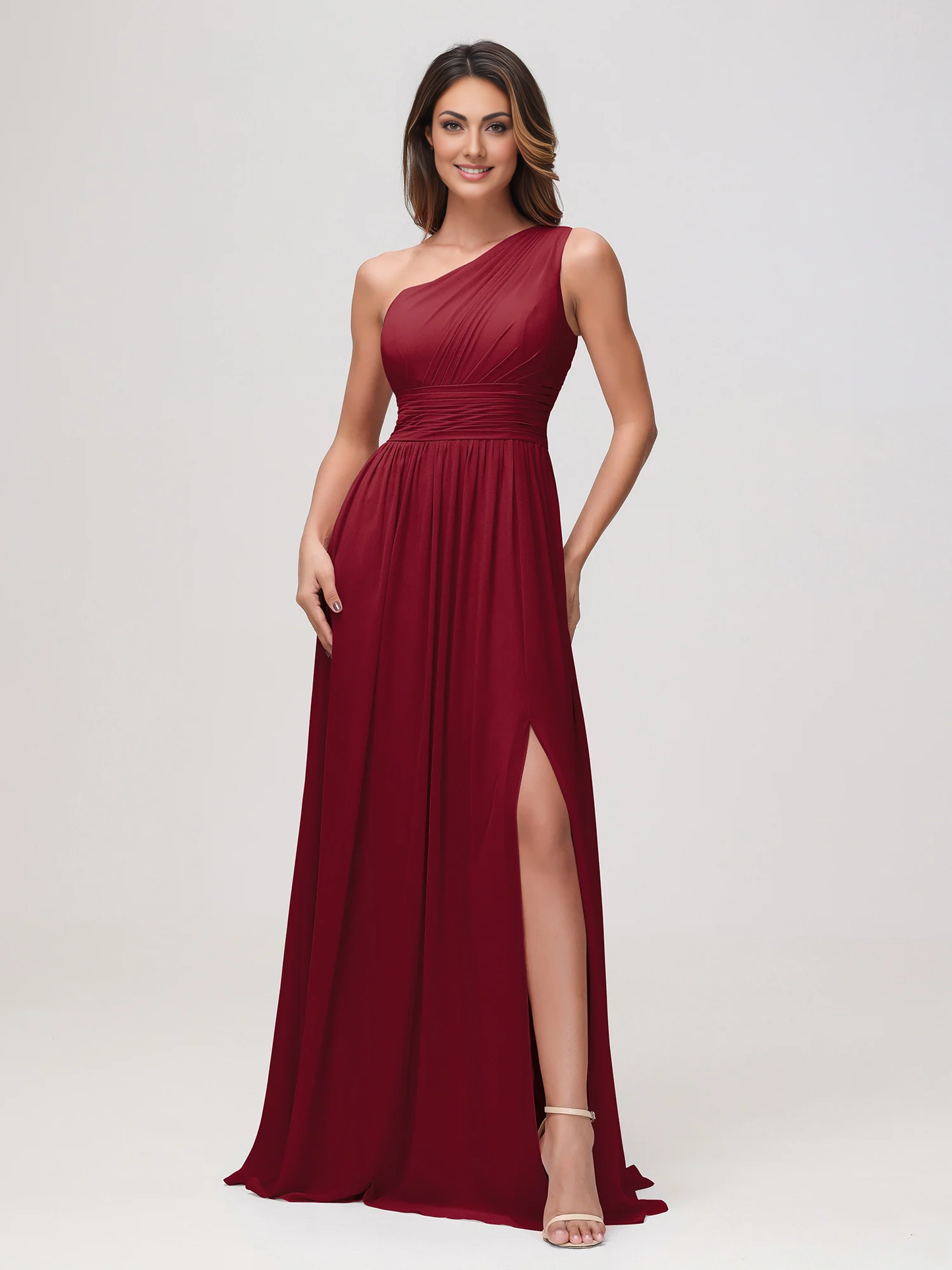 Elegant A-Line One Shoulder Sleeveless Chiffon Maxi Bridesmaids Dress With Slit