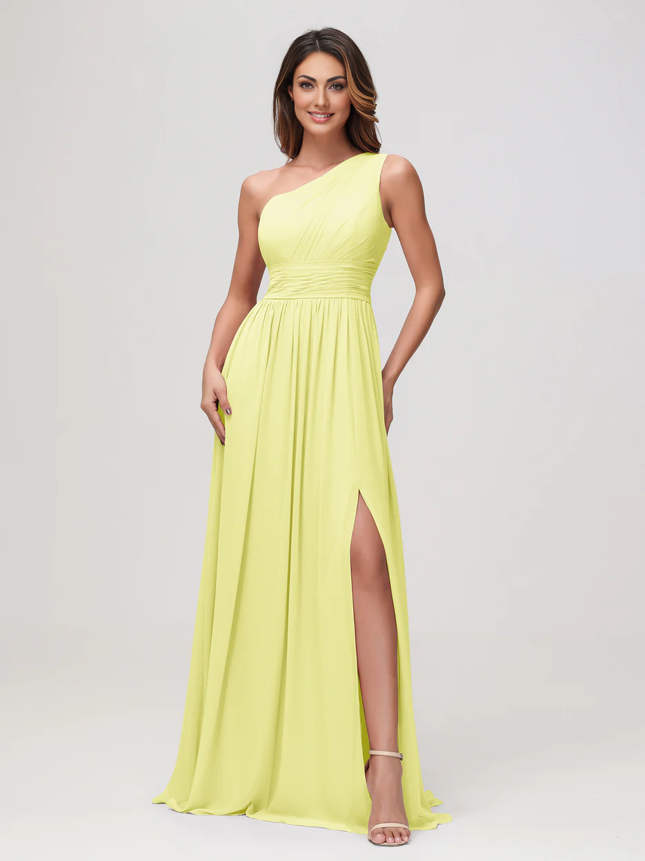 Elegant A-Line One Shoulder Sleeveless Chiffon Maxi Bridesmaids Dress With Slit