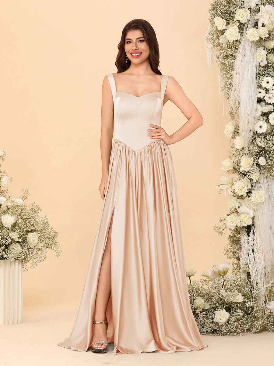 Elegant A-Line Sweetheart Sleeveless Satin Long Slit Lace-Up Bridesmaid Dressv