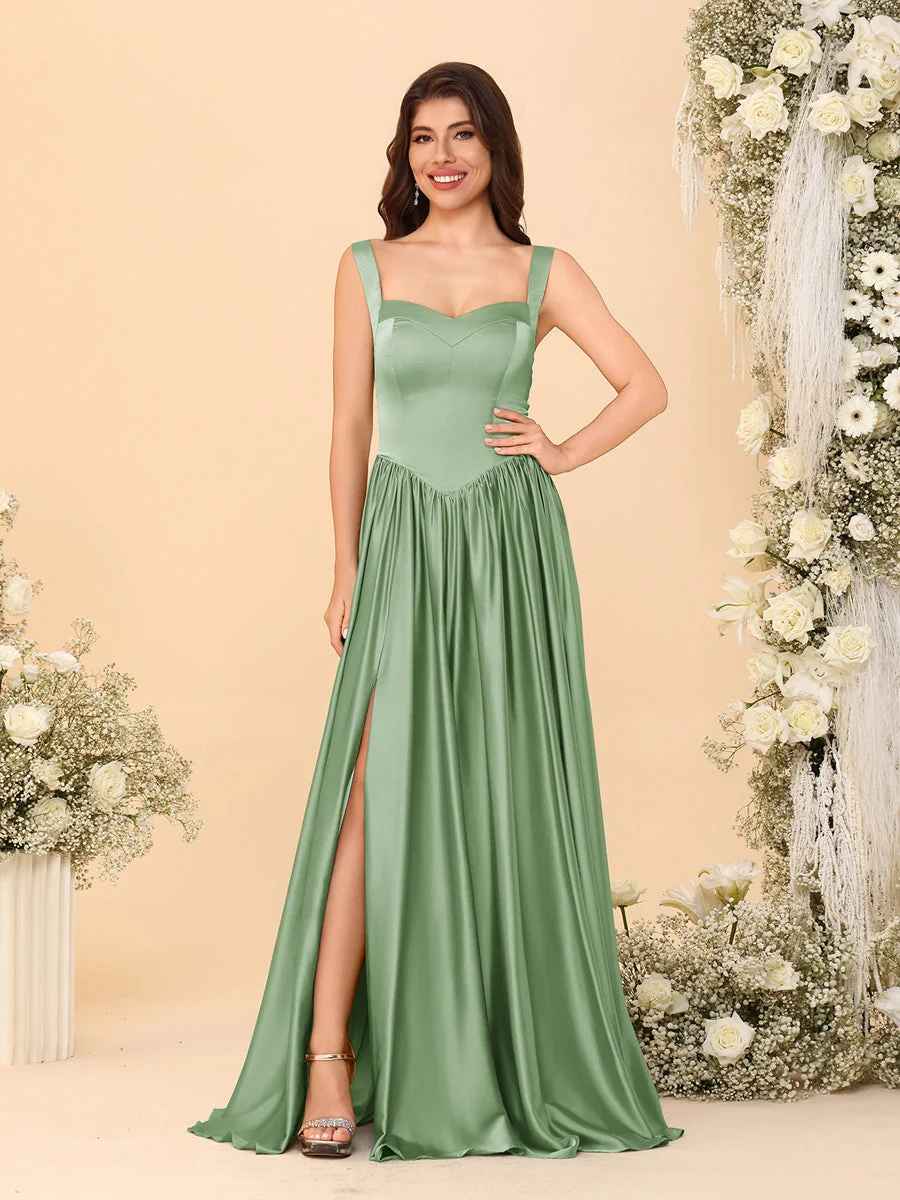 Elegant A-Line Sweetheart Sleeveless Satin Long Slit Lace-Up Bridesmaid Dressv