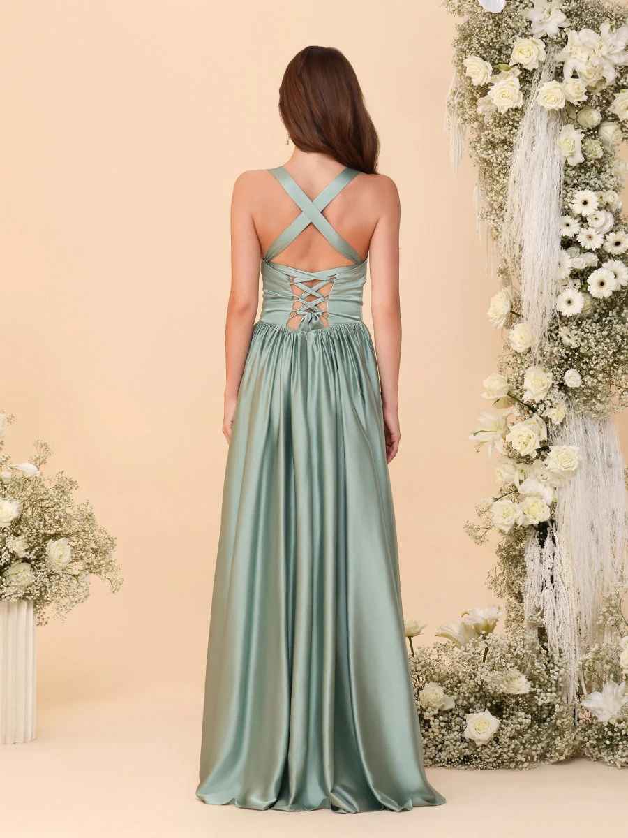 Elegant A-Line Sweetheart Sleeveless Satin Long Slit Lace-Up Bridesmaid Dressv