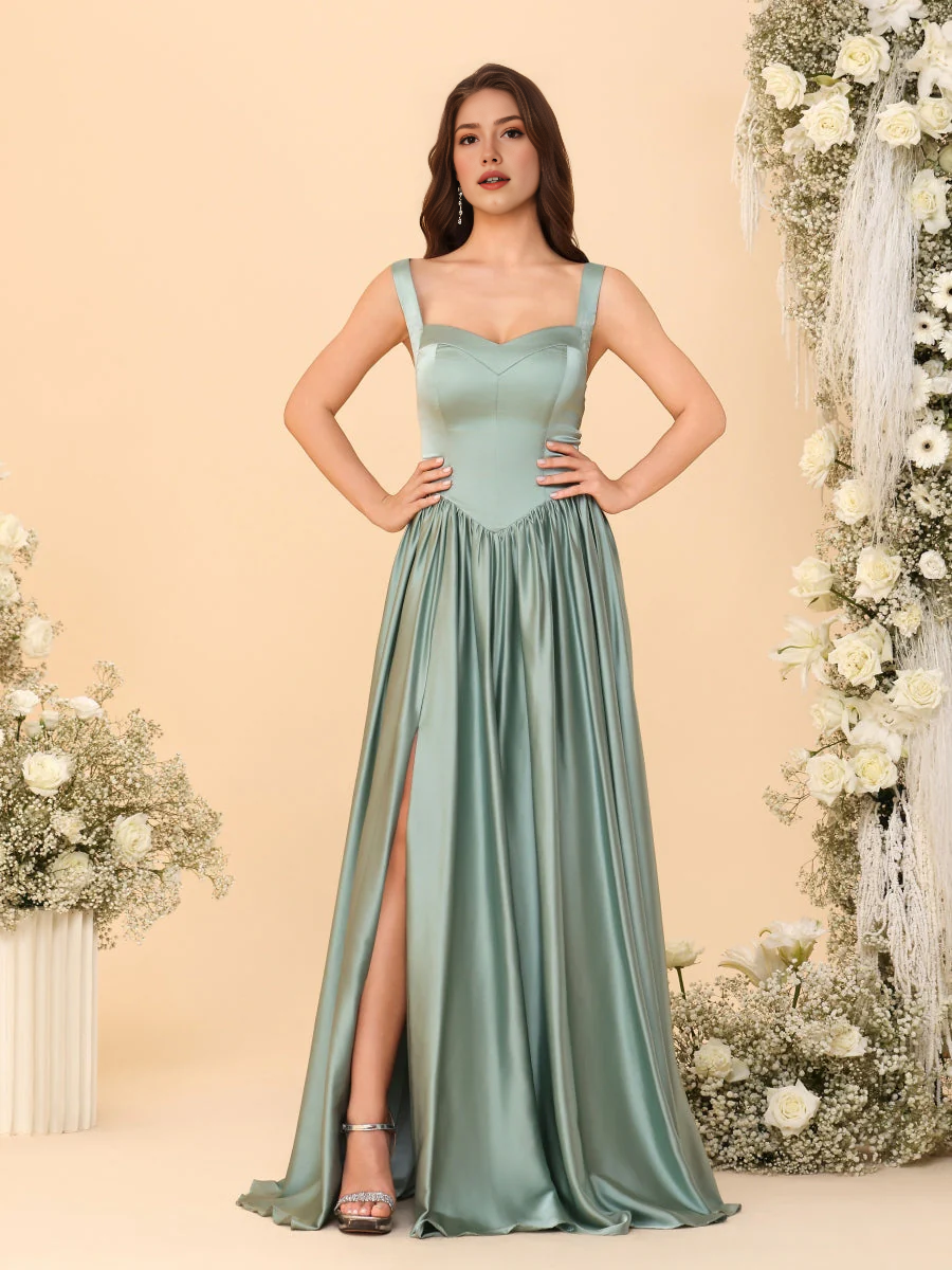 Elegant A-Line Sweetheart Sleeveless Satin Long Slit Lace-Up Bridesmaid Dressv