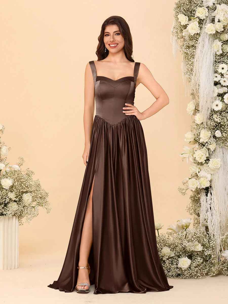 Elegant A-Line Sweetheart Sleeveless Satin Long Slit Lace-Up Bridesmaid Dressv