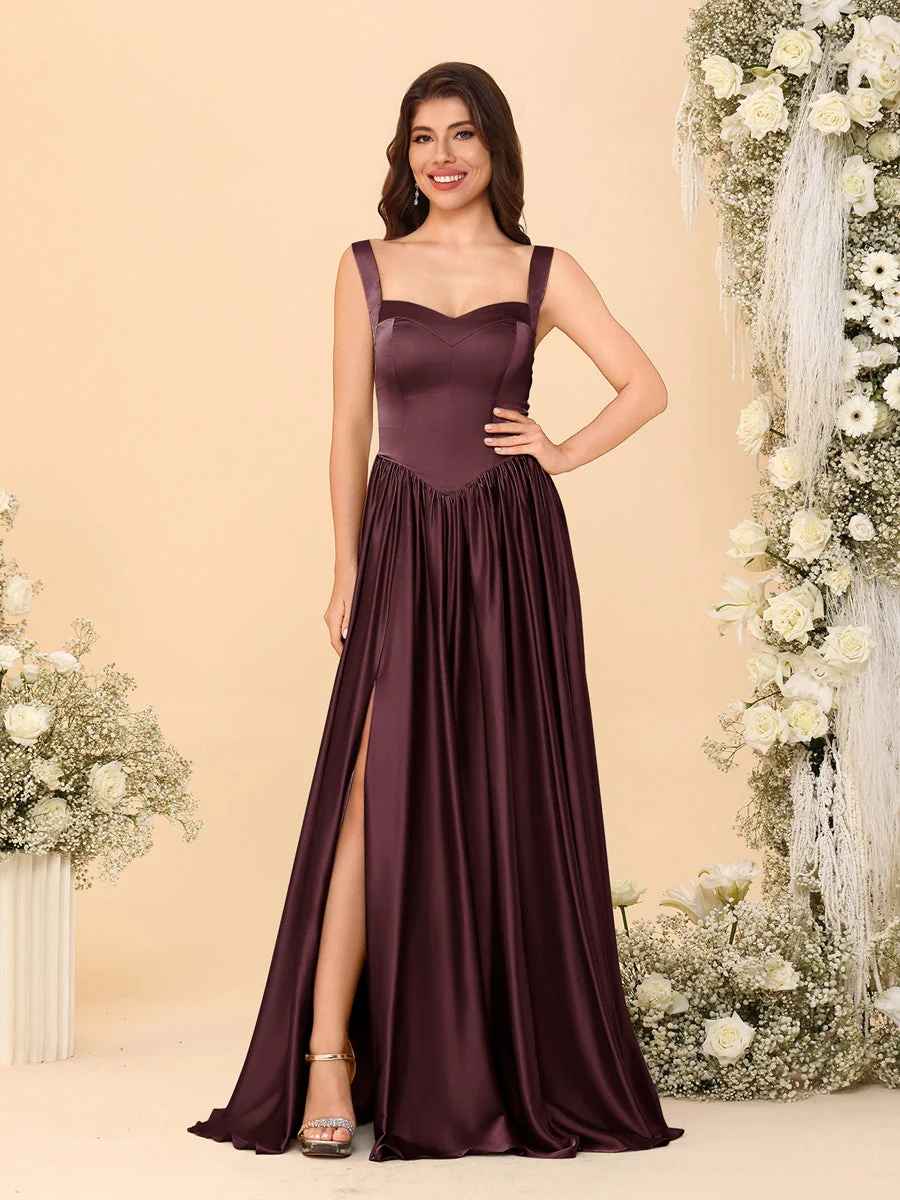 Elegant A-Line Sweetheart Sleeveless Satin Long Slit Lace-Up Bridesmaid Dressv