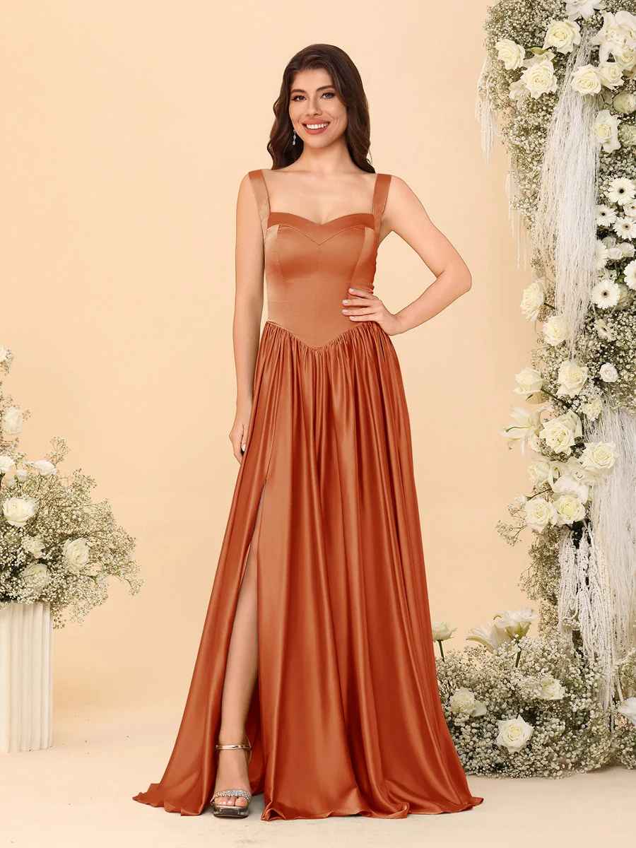 Elegant A-Line Sweetheart Sleeveless Satin Long Slit Lace-Up Bridesmaid Dressv