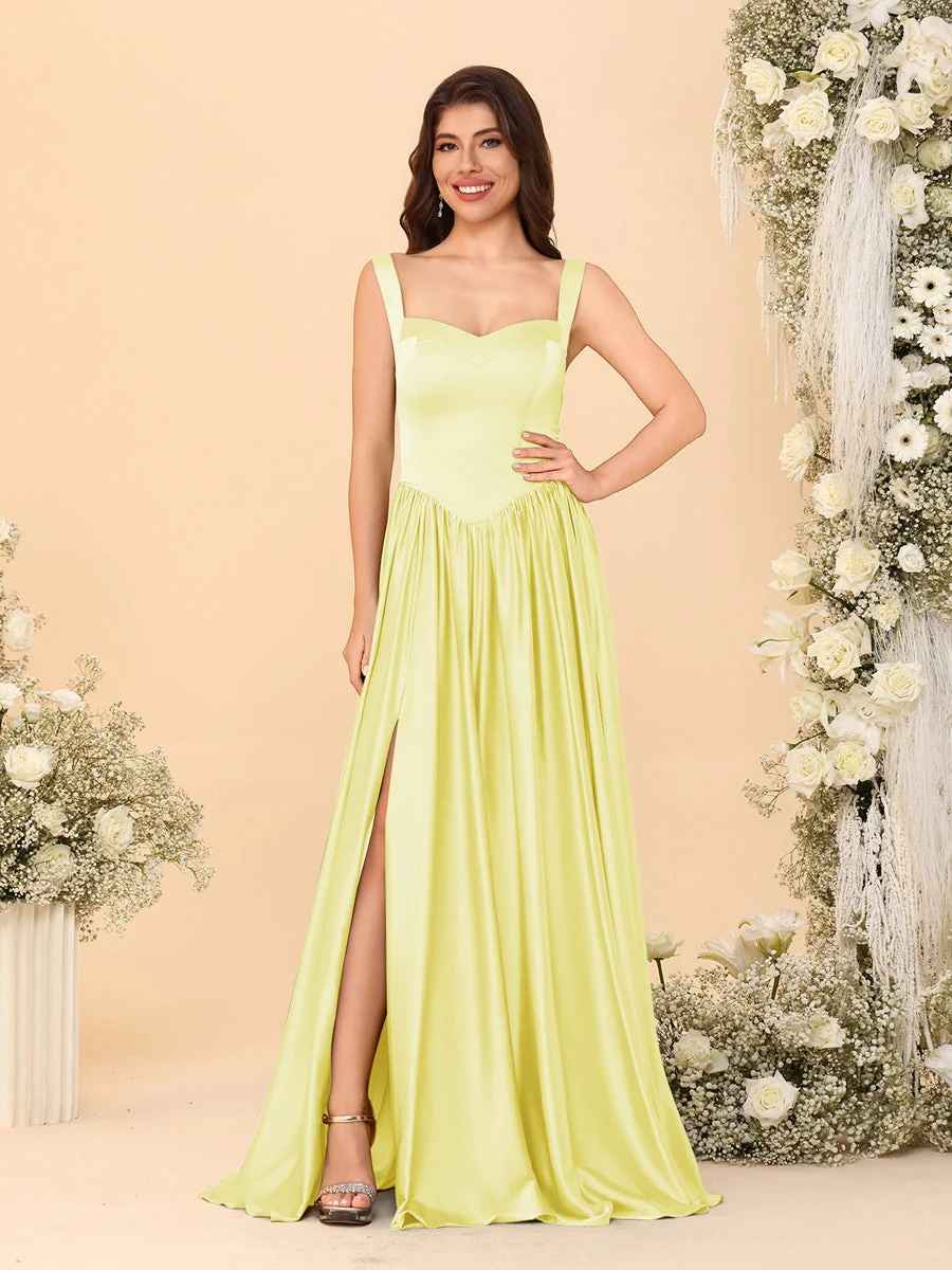 Elegant A-Line Sweetheart Sleeveless Satin Long Slit Lace-Up Bridesmaid Dressv
