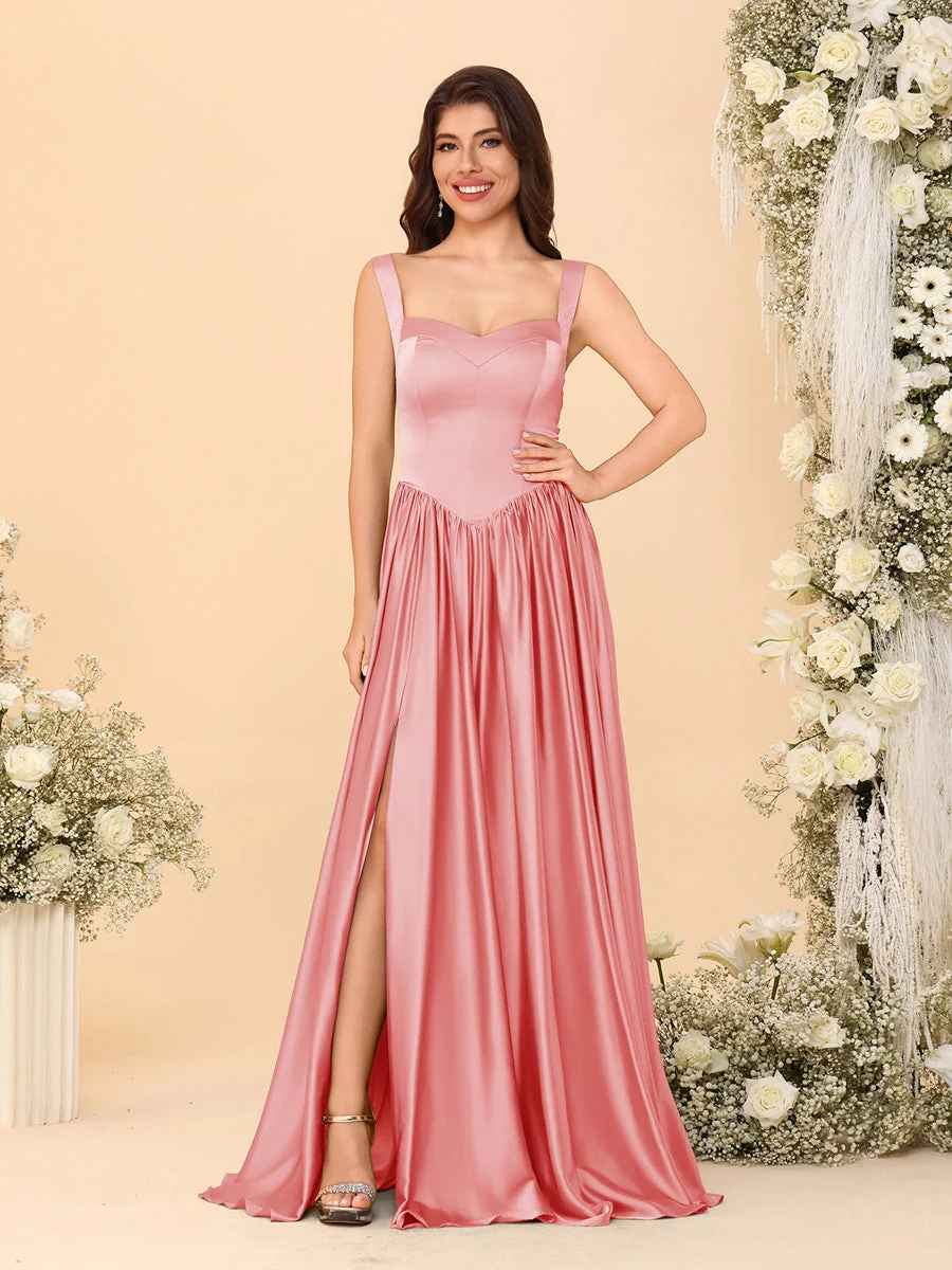 Elegant A-Line Sweetheart Sleeveless Satin Long Slit Lace-Up Bridesmaid Dressv