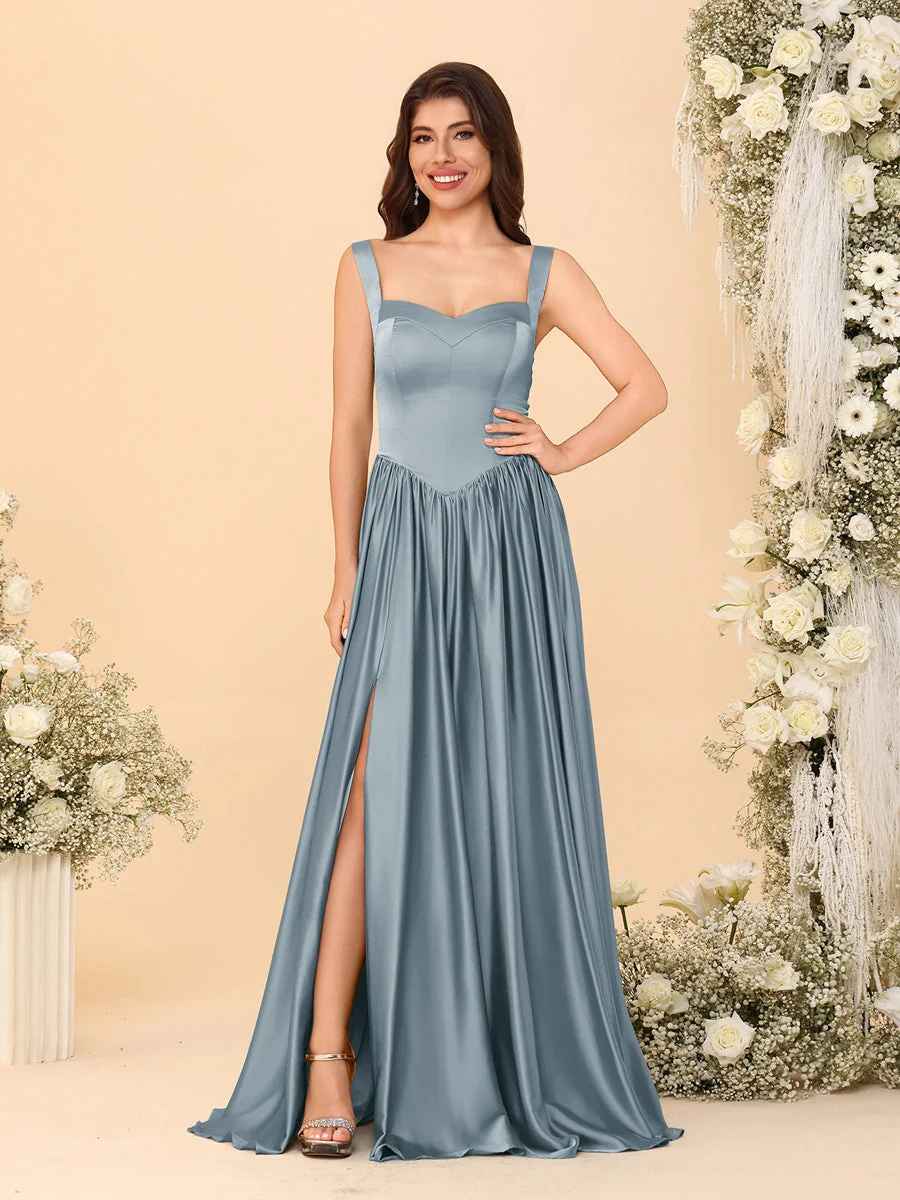 Elegant A-Line Sweetheart Sleeveless Satin Long Slit Lace-Up Bridesmaid Dressv