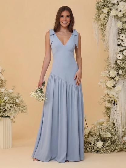 Elegant A-Line V-Neck Sleeveless Chiffon Long Bow-Strap Bridesmaid Dress