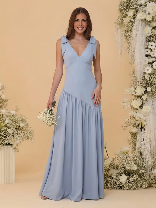 Elegant A-Line V-Neck Sleeveless Chiffon Long Bow-Strap Bridesmaid Dress
