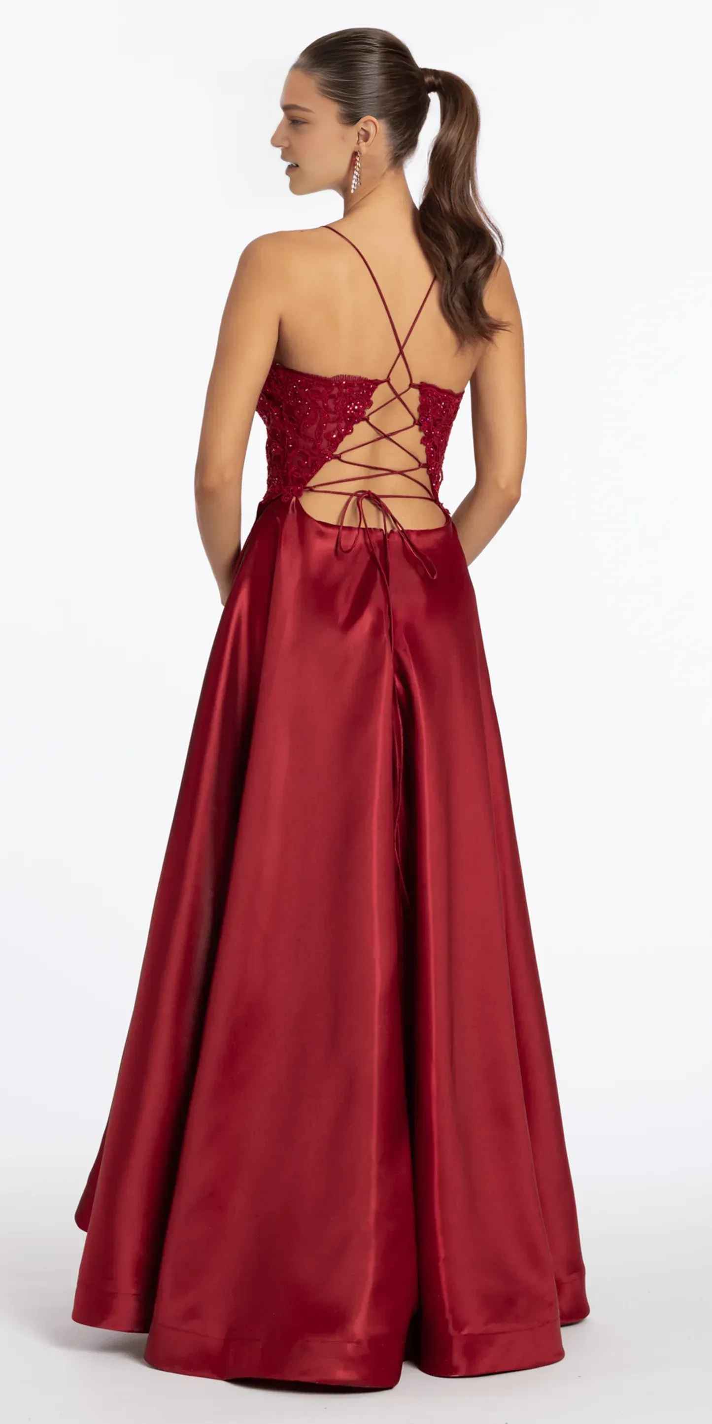 Elegant A-Line V-Neck Spaghetti-Strap Satin Long Lace Beaded Lace-Up Prom Dress