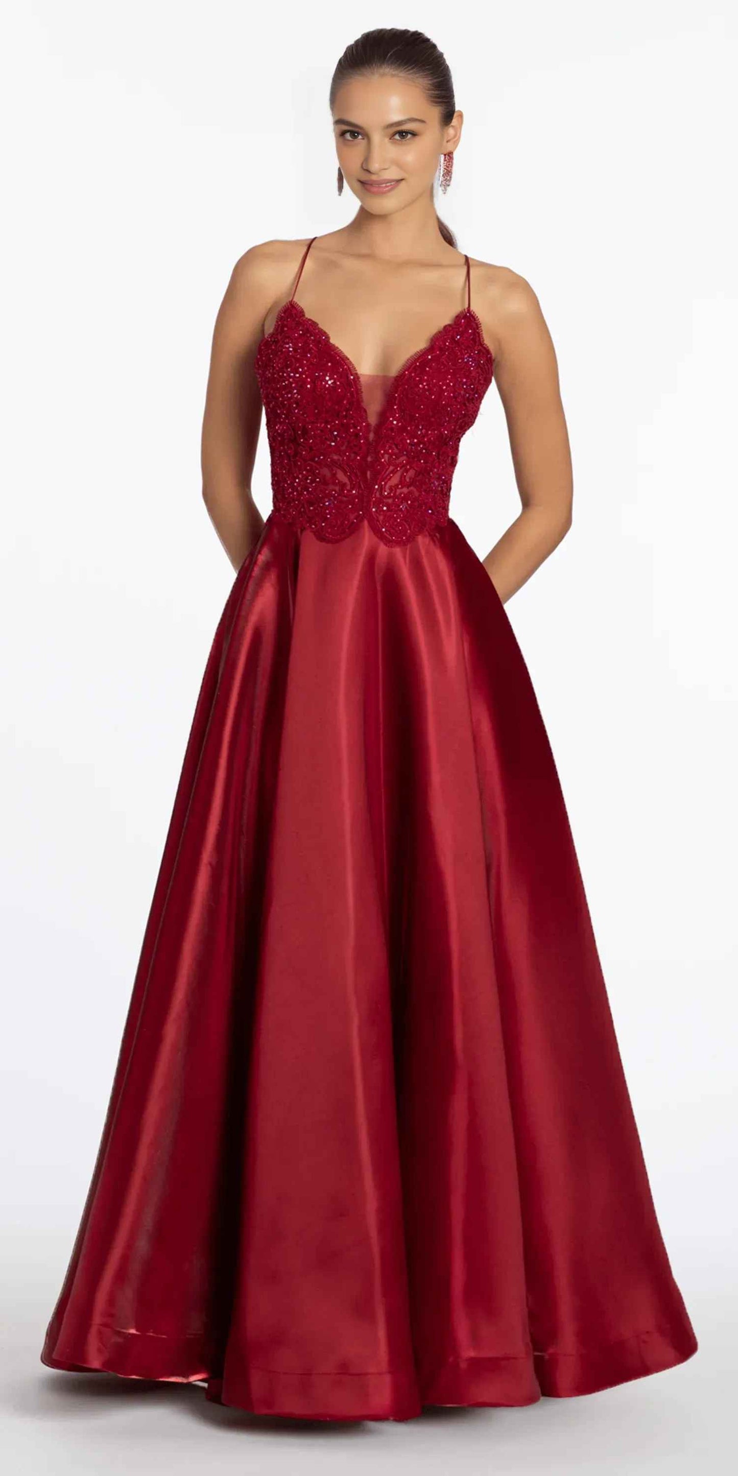 Elegant A-Line V-Neck Spaghetti-Strap Satin Long Lace Beaded Lace-Up Prom Dress