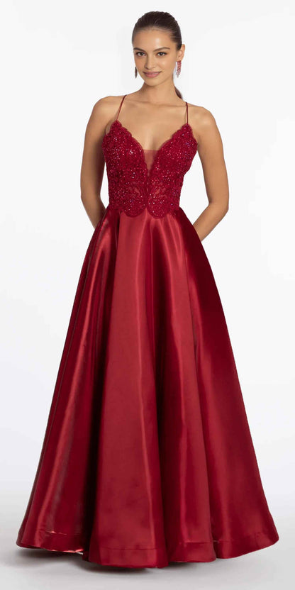 Elegant A-Line V-Neck Spaghetti-Strap Satin Long Lace Beaded Lace-Up Prom Dress