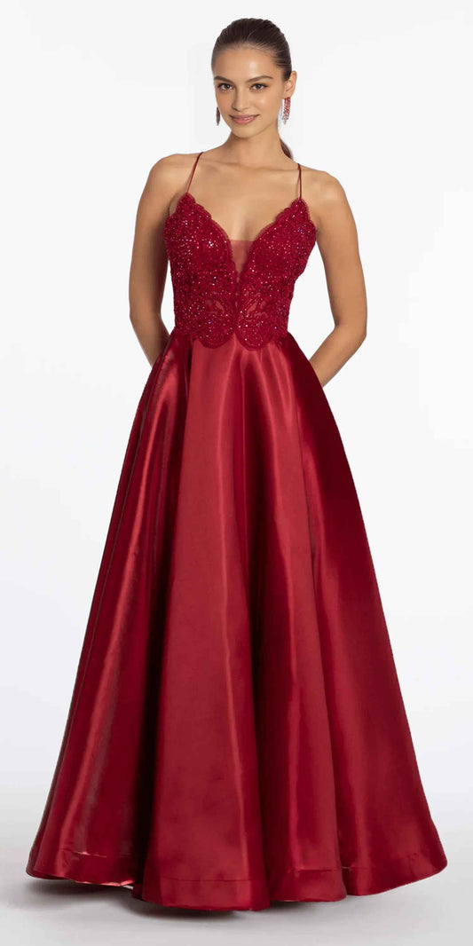 Elegant A-Line V-Neck Spaghetti-Strap Satin Long Lace Beaded Lace-Up Prom Dress
