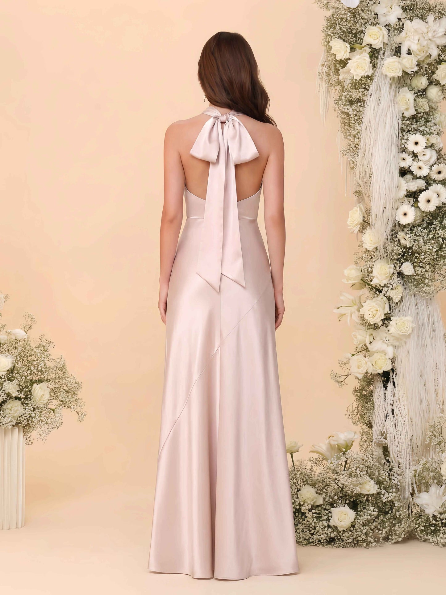 Elegant Mermaid Halter Sleeveless Satin Long Bow-Back Bridesmaid Dress