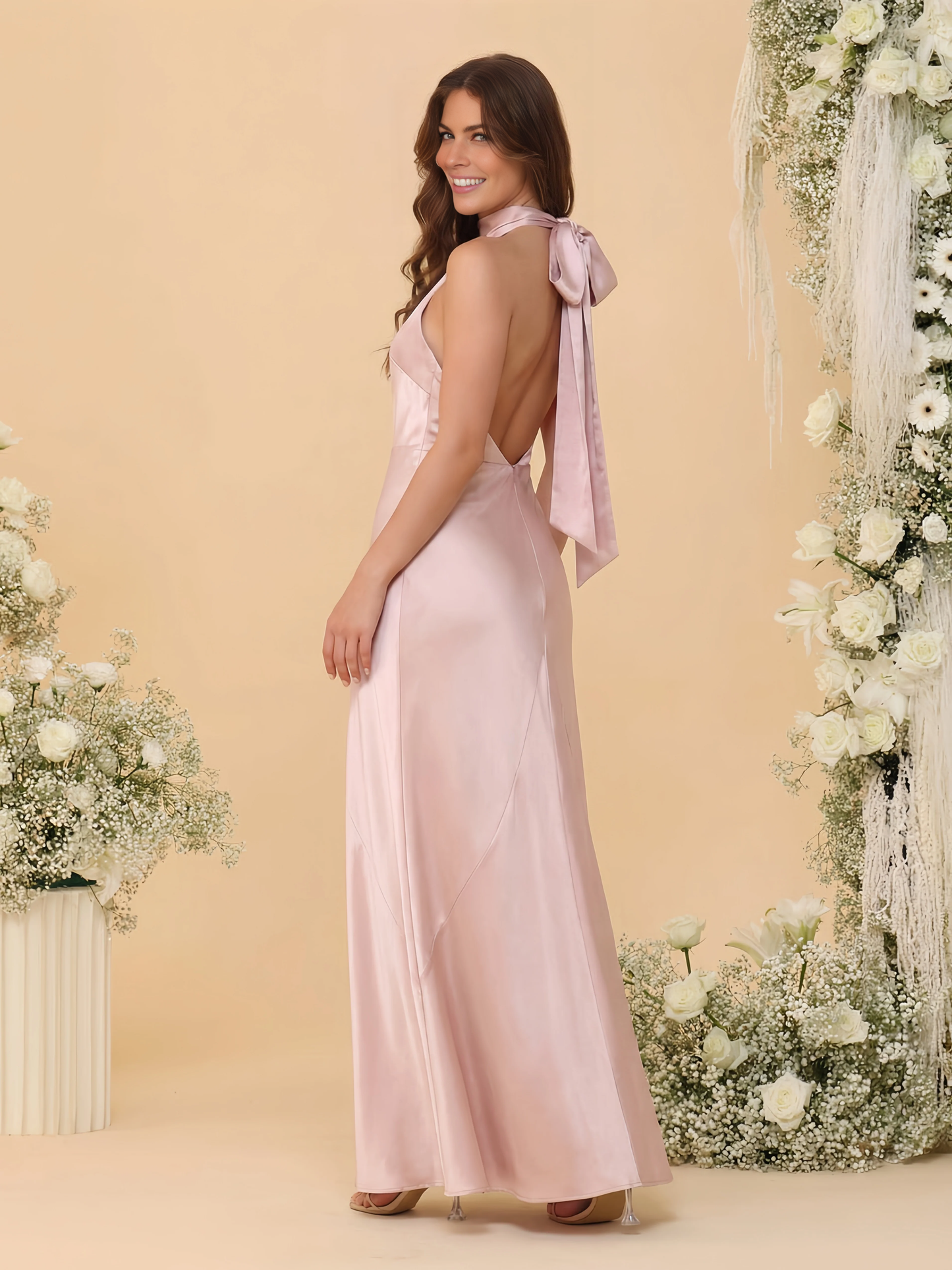 Elegant Mermaid Halter Sleeveless Satin Long Bow-Back Bridesmaid Dress