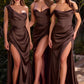 Elegant Mermaid Off-Shoulder Short-Sleeve Satin Floor-Length High-Slit Lace-Up Evening Dress