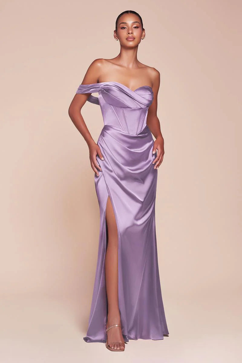 Elegant Mermaid Off-Shoulder Short-Sleeve Satin Floor-Length High-Slit Lace-Up Evening Dress