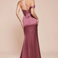 Elegant Mermaid Off-Shoulder Short-Sleeve Satin Floor-Length High-Slit Lace-Up Evening Dress