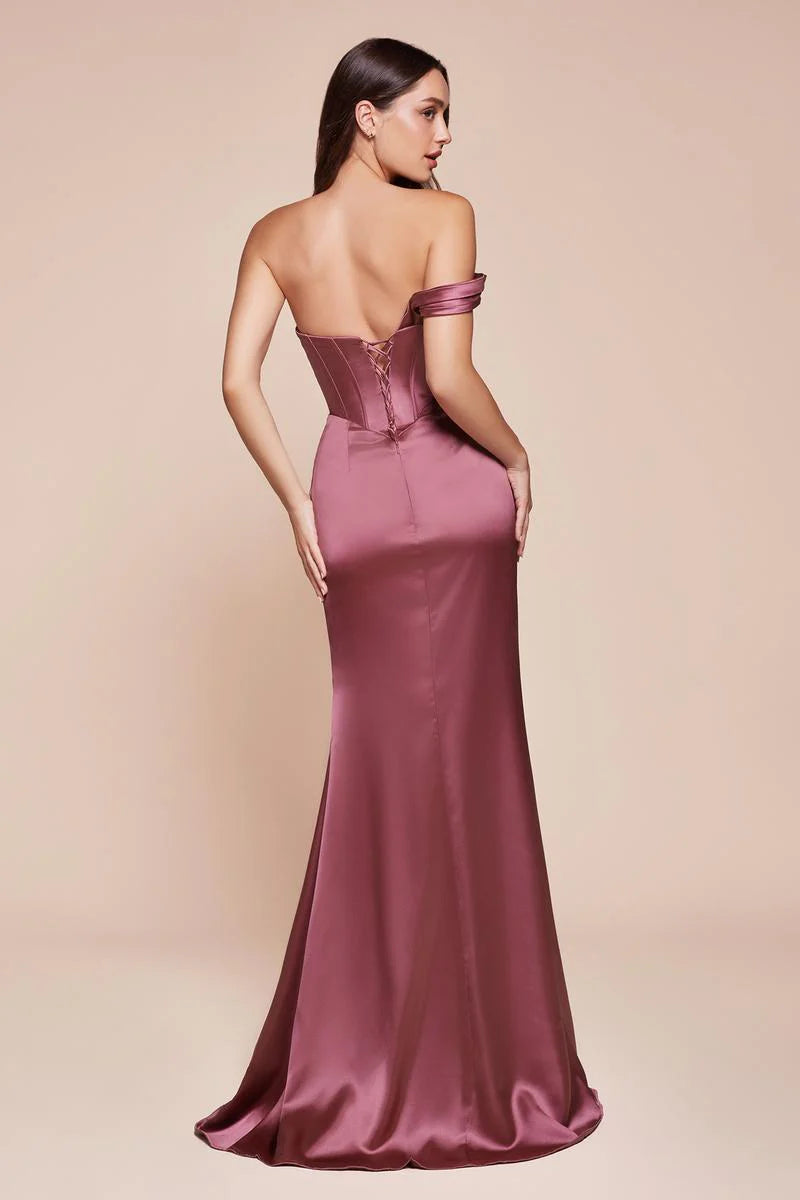 Elegant Mermaid Off-Shoulder Short-Sleeve Satin Floor-Length High-Slit Lace-Up Evening Dress
