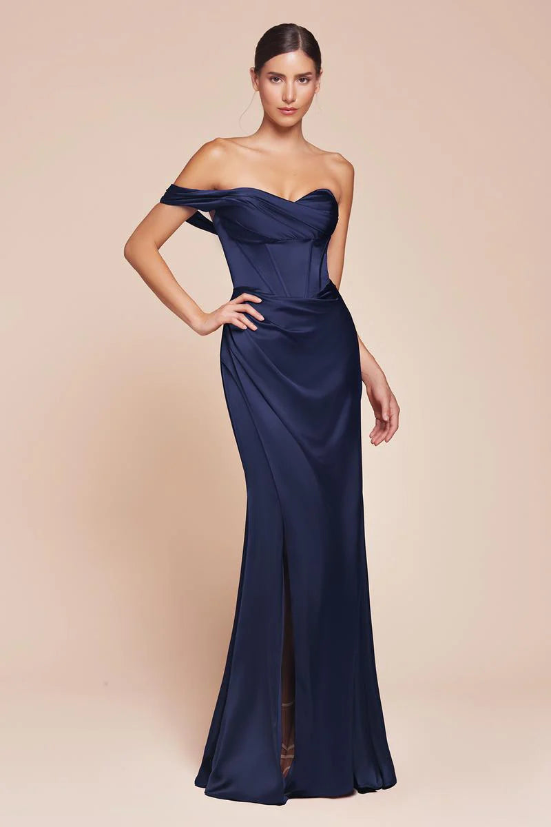 Elegant Mermaid Off-Shoulder Short-Sleeve Satin Floor-Length High-Slit Lace-Up Evening Dress