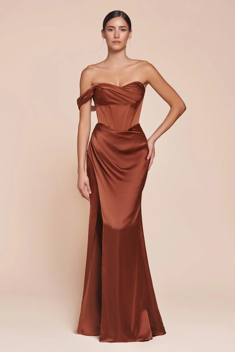 Elegant Mermaid Off-Shoulder Short-Sleeve Satin Floor-Length High-Slit Lace-Up Evening Dress