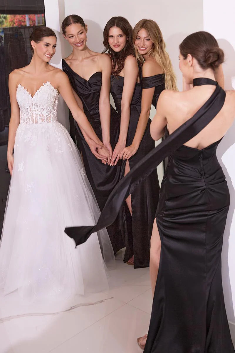 Elegant Mermaid Off-Shoulder Short-Sleeve Satin Floor-Length High-Slit Lace-Up Evening Dress
