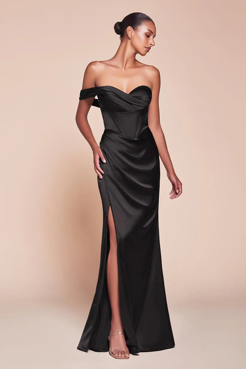 Elegant Mermaid Off-Shoulder Short-Sleeve Satin Floor-Length High-Slit Lace-Up Evening Dress