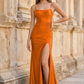 Elegant Mermaid Square Neck Sleeveless Satin Prom Dress With Slit
