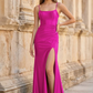 Elegant Mermaid Square Neck Sleeveless Satin Prom Dress With Slit