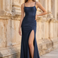 Elegant Mermaid Square Neck Sleeveless Satin Prom Dress With Slit
