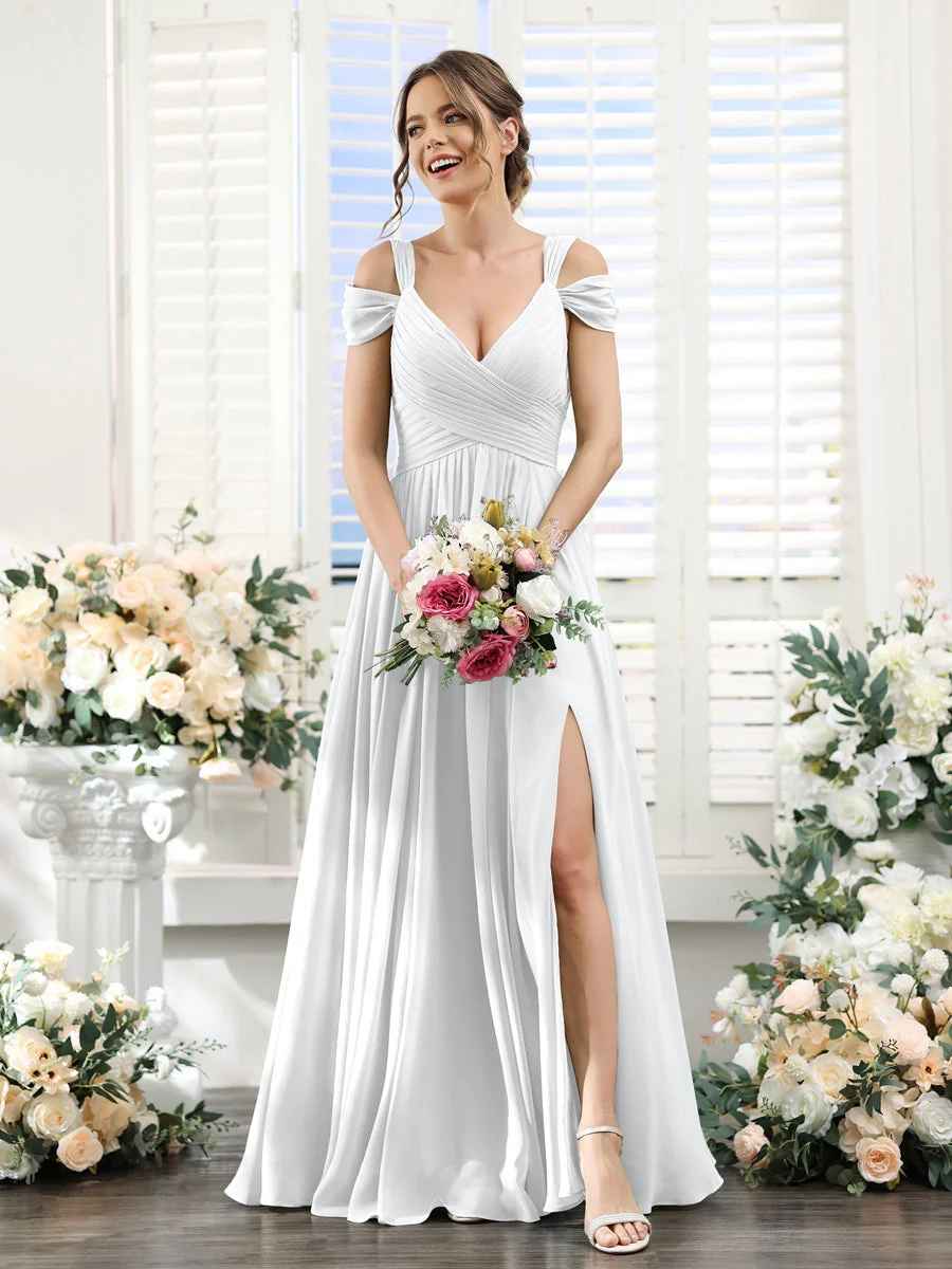 Flowy A-Line V-Neck Cold-Shoulder Chiffon Long Slit Bridesmaid Dress