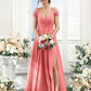 Flowy A-Line V-Neck Cold-Shoulder Chiffon Long Slit Bridesmaid Dress