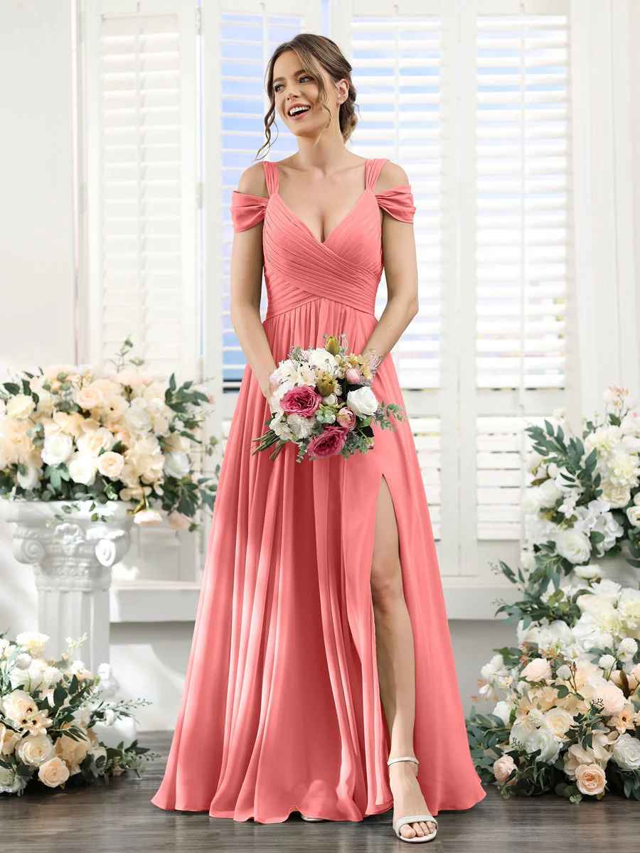 Flowy A-Line V-Neck Cold-Shoulder Chiffon Long Slit Bridesmaid Dress