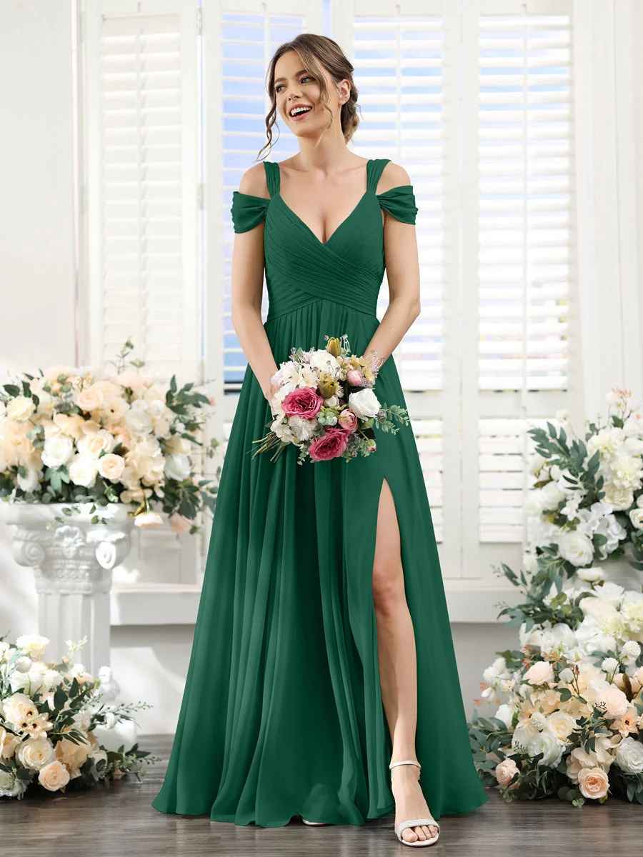 Flowy A-Line V-Neck Cold-Shoulder Chiffon Long Slit Bridesmaid Dress