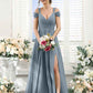 Flowy A-Line V-Neck Cold-Shoulder Chiffon Long Slit Bridesmaid Dress