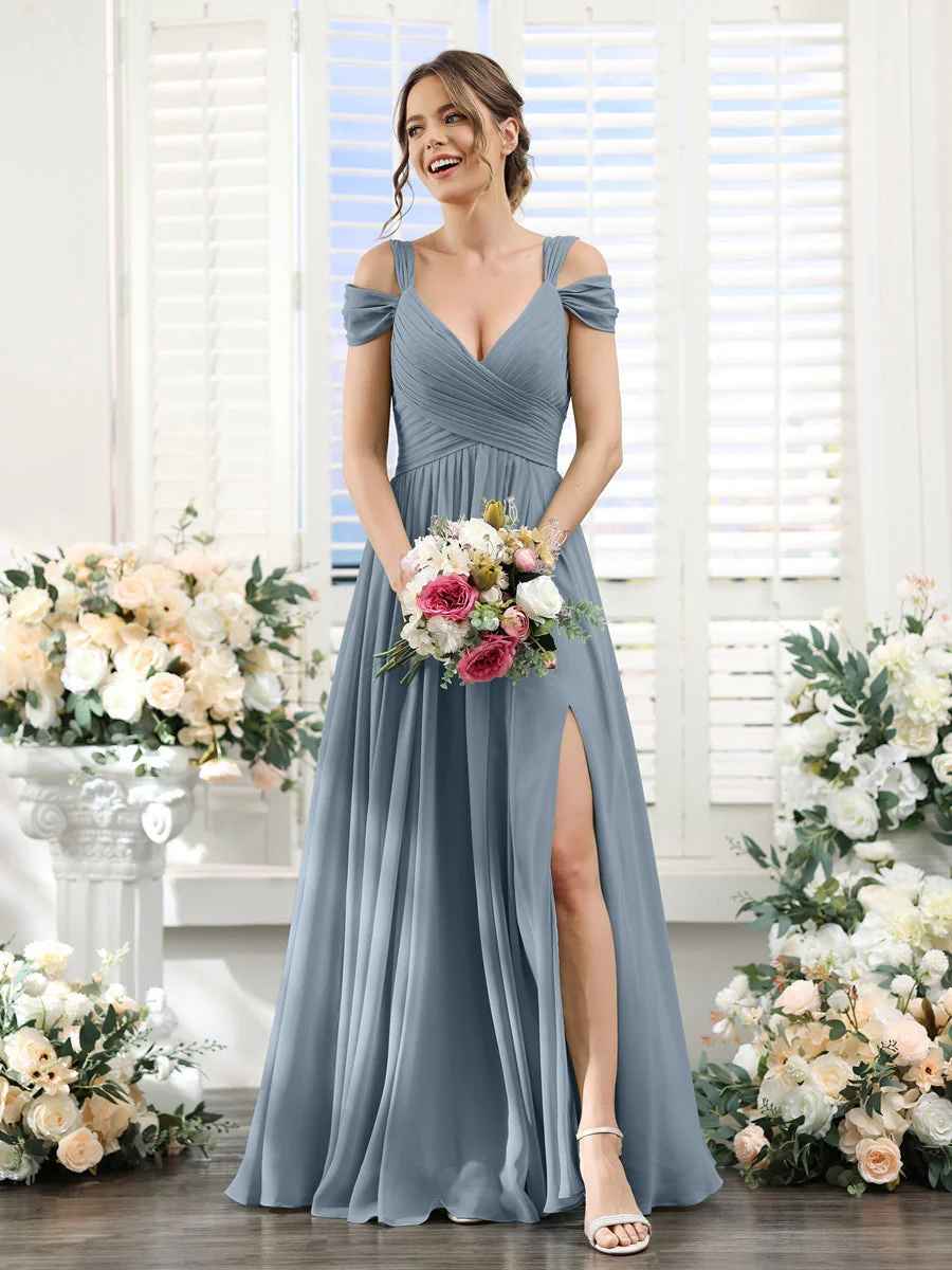 Flowy A-Line V-Neck Cold-Shoulder Chiffon Long Slit Bridesmaid Dress