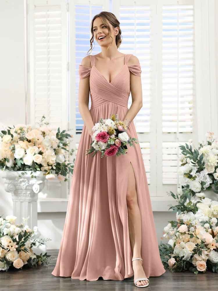 Flowy A-Line V-Neck Cold-Shoulder Chiffon Long Slit Bridesmaid Dress